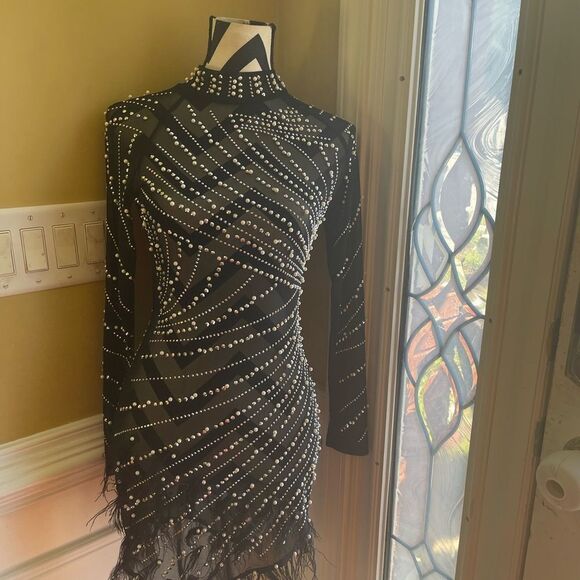 Unbranded Luxury Rhinestones & Pearls Feather Mini dress feather accents Size S - Picture 2 of 16
